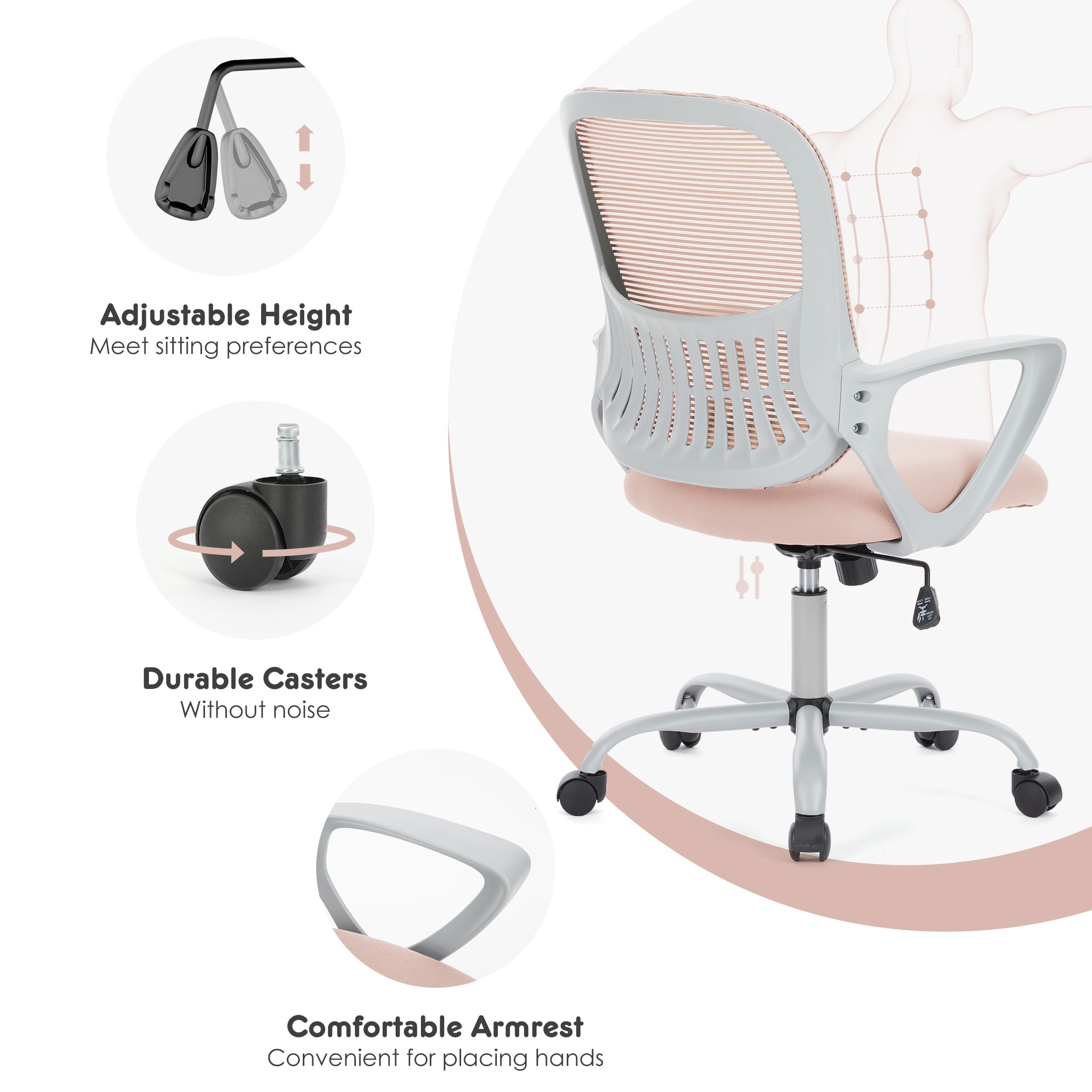 EDX Home Office Mid Back Mesh Desk Chair with Comfortable Armrests and Cushion, Pink