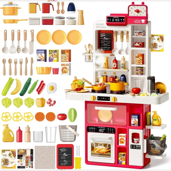 JoyStone 69PCS Kids Kitchen Playset,Play Kitchen Toy with Realistic Lights & Sounds,Pretend Steam, Play Sink & Oven, Menu Board & Other Kitchen Accessories Set for Toddlers