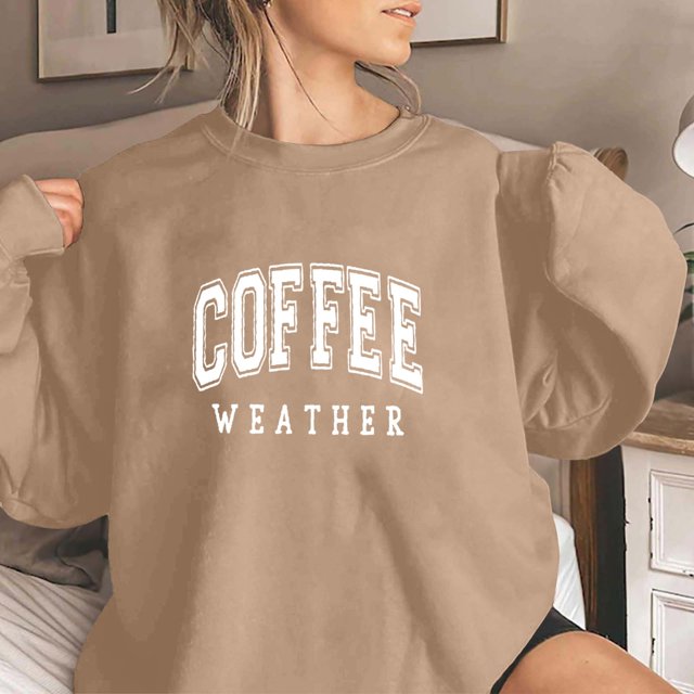 TINZ Chandails à Imprimé de Lettres « COFFEE WEATHER » pour Femmes, Manches Longues, Col Rond, Chemises Amples, Blouses à Enfiler, Hauts Décontractés d'Automne, T-Shirts Usés, Femmes, Mignon Haut d'Automne, Chandail pour Dames avec Capuchon