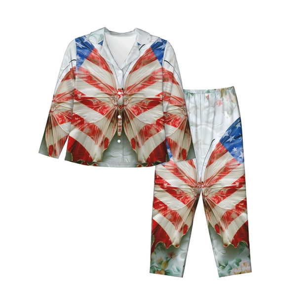 Balery Patriotic Butterfly Floral Conjunto de Pijama con Estampado para Mujer, Conjunto de Dos Piezas con Manga Larga, Ropa de Dormir Suave con Bolsillos, Pijamas Cómodos-Small