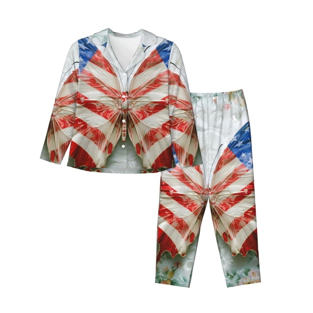 Balery Patriotic Butterfly Floral Conjunto de Pijama con Estampado para Mujer, Conjunto de Dos Piezas con Manga Larga, Ropa de Dormir Suave con Bolsillos, Pijamas Cómodos-Small