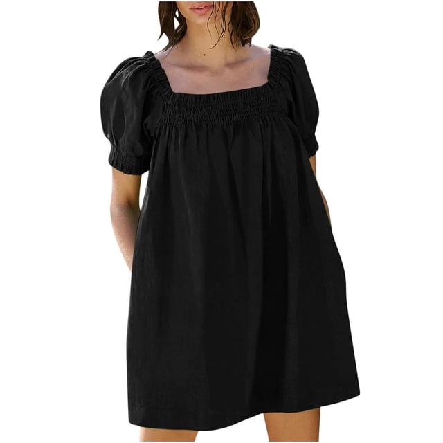 Staron Robes Courtes d'Été pour Femmes 2025 Manches Bouffantes Courtes Encolure Carrée Poches Ligne A Fluide Robe d'Été Décontractée Robe d'Été Smockée Courte Mini Robes