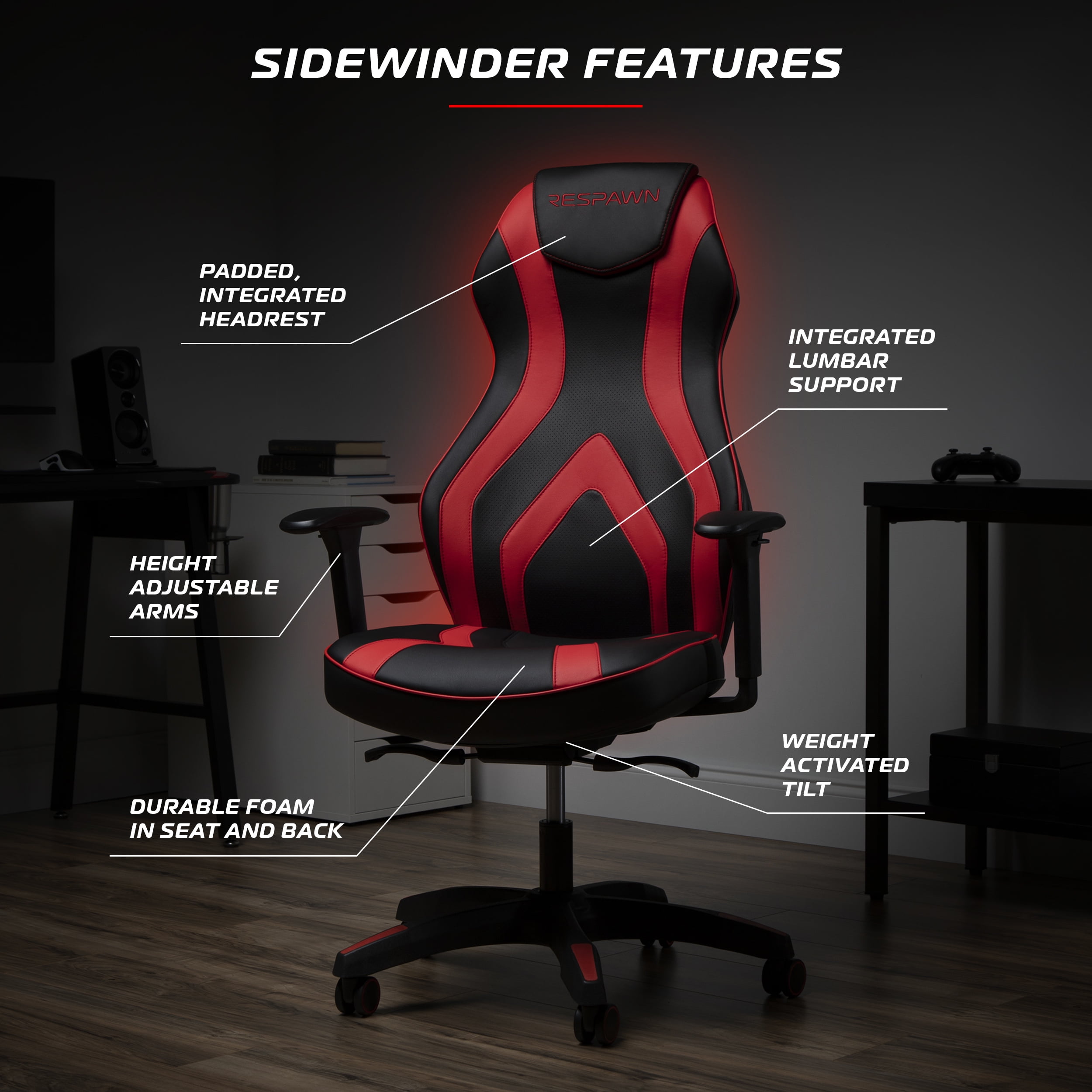 RESPAWN Sidewinder Gaming Chair, PU Leather, in Rage Red (RSP-125-RED)