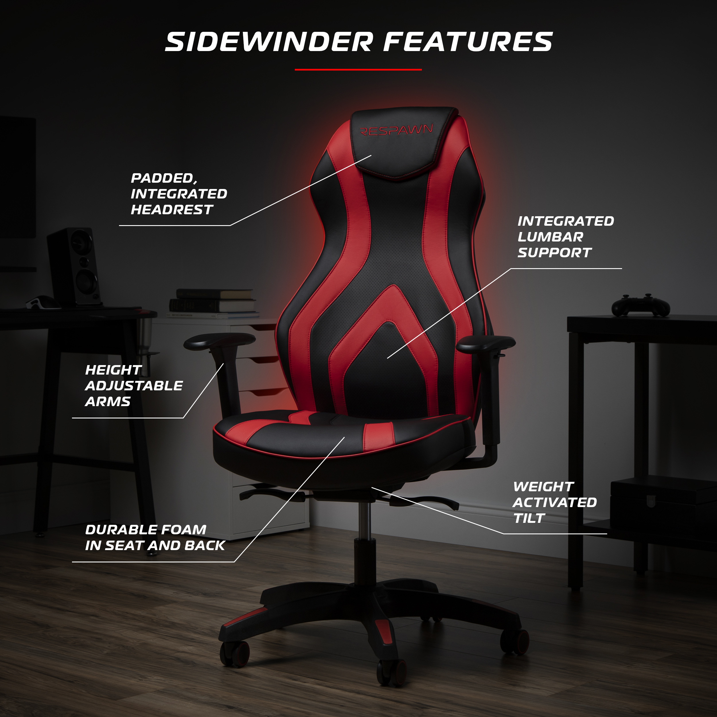 RESPAWN Sidewinder Gaming Chair, PU Leather, in Rage Red (RSP-125-RED) - image 2 of 17