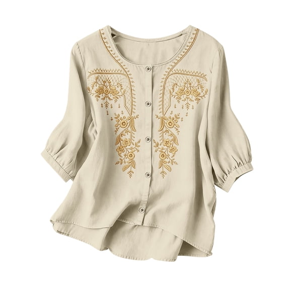 Short Sleeve Tops for Women Casual Round Neck Down 3/4 Lenght Summer Womens Tshirts Beige XXL