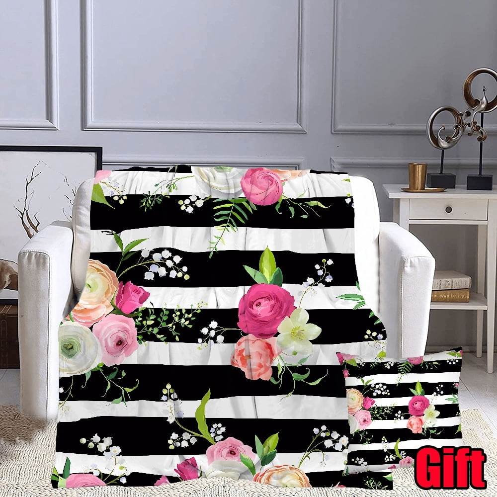 Striped Floral Print Throws Blanket With Pillowcases For Office, Bed, Sofa Summer Colorful ...