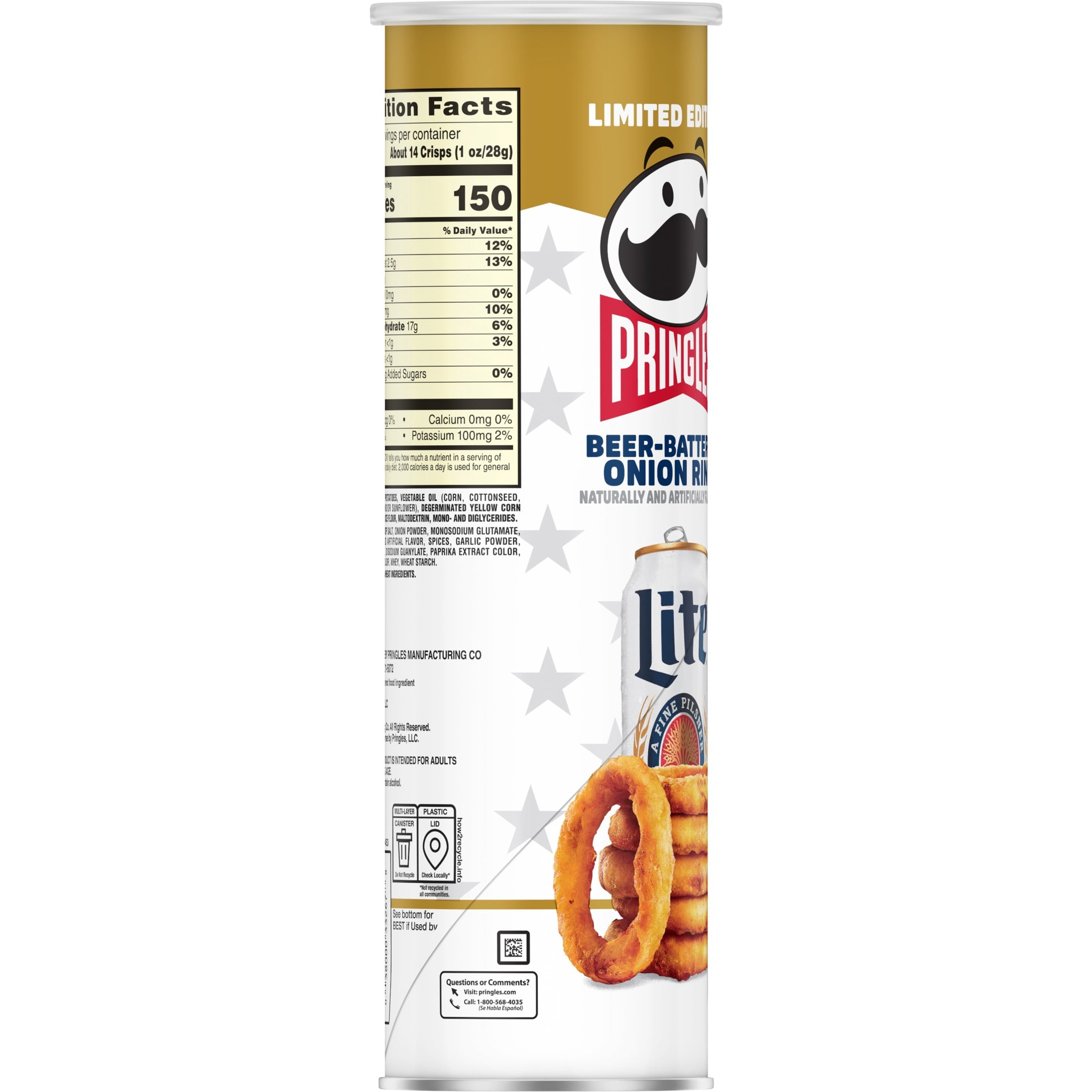 Pringles Beer-Battered Onion Ring Potato Crisps Chips, Lunch Snacks, 5.5 oz Canister