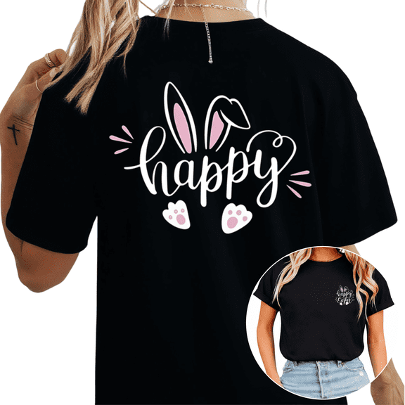 Happy Easter Bunny Ears Paws Graphic Tee T Shirt Spring Holiday Cute Novelty Tops Short Sleeve Round Neck S-5XL