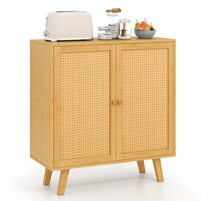 Gymax Bamboo Buffet Cabinet w/ PE Rattan Doors Freestanding Kitchen Cupboard Natural