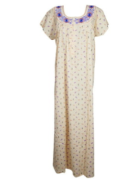 Mogul Women Peach Maxi Dress Cap Sleeves Zip Front Round Neck Embroidered Comfy Sleepwear Housedress XL