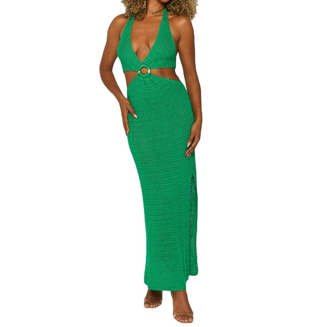 VISgogo Vestido Casual para Mujer, Color Sólido Sin Mangas Sin Espalda Slim-Fit Split Halter Vestido Largo VISgogo moda
