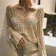 thumbnail image 3 of Blusa de punto calada con bordado de corazón y manga larga de crochet transparente para mujer, estilo bohemio, para vacaciones y playa, 3 of 5
