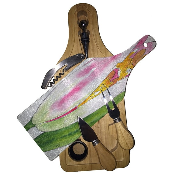 KuzmarK Wine & Cheese Glass Cutting Board Wood Box Gift Set - Tiny Tiger Kittie Fairies with Pink Tulip Fantasy Cat Art by Denise Every