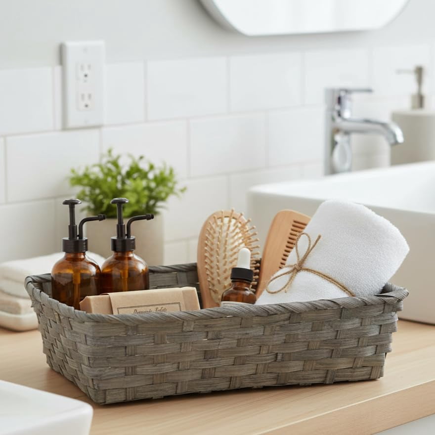 12 Pack Premium Handmade 12" x 9" Antique Grey Bamboo Rectangular Storage Baskets – Countertop Artisan Organizer for Kitchen Pantry, Bathroom Vanity, Entryway Catch-All by The Lucky Clover Trading