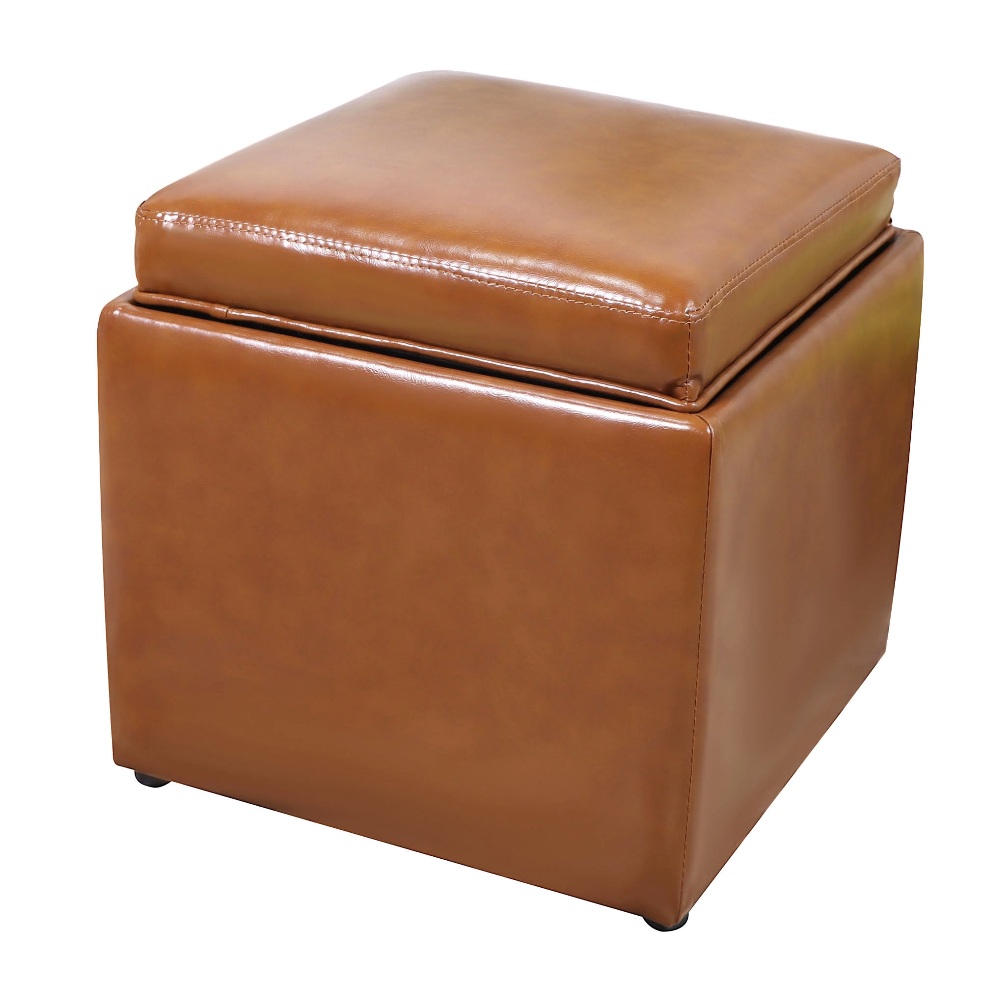 Walkfairy Square Storage Ottoman with Tray Faux Leather Upholstered