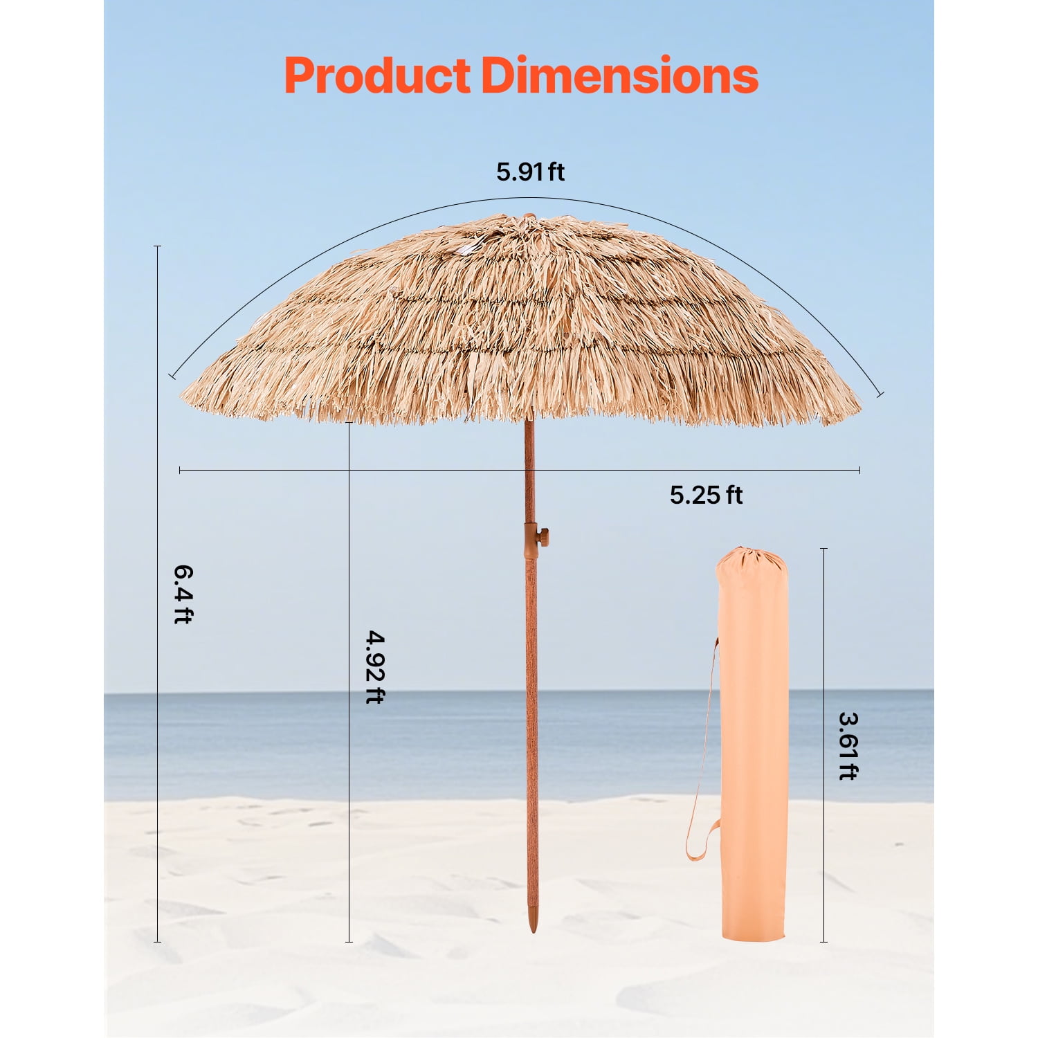 KFFKFF 6ft Thatched Patio Umbrella with Tilt, Hawaiian-Style Beach Parasol Featuring Durable PP Thatch and 8 Metal Ribs, Ideal for Beach, Patio, Poolside, Backyard, and Garden