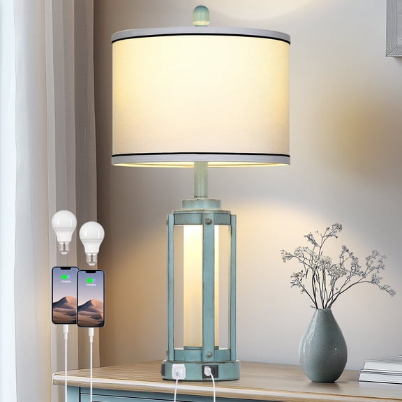 Cinkeda Single Table Lamp for Bedroom Living Room 26" Nautical Blue 3 Way Dimmable Rocker Switch Control Nightstand Bedside Lamp with USB C A Ports AC Outlet