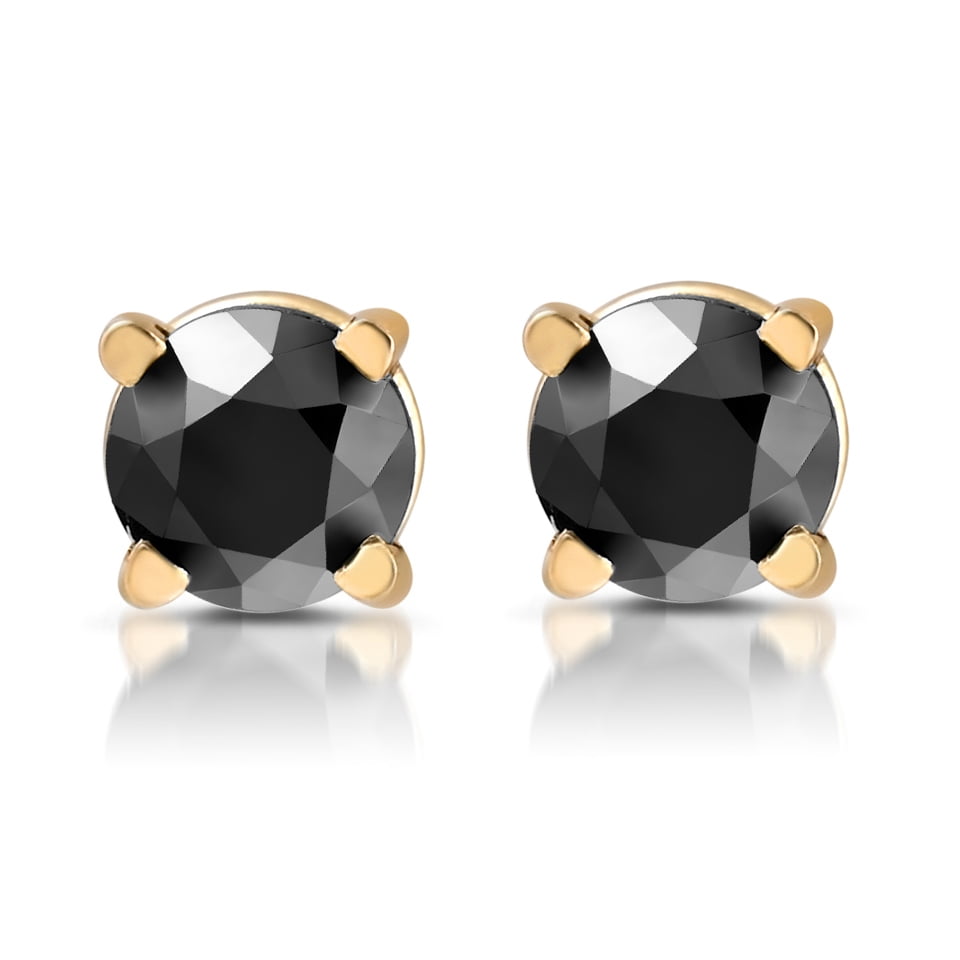 1 2ct Round Treated Black Diamond Stud Earrings Solid Yellow Gold