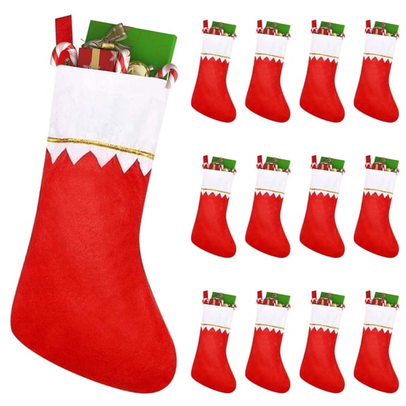 12 Pack Red Christmas Stockings, White Cuff with Gold Trim, Traditional Xmas Stockings for Fireplace & Staircase Holiday Decorations