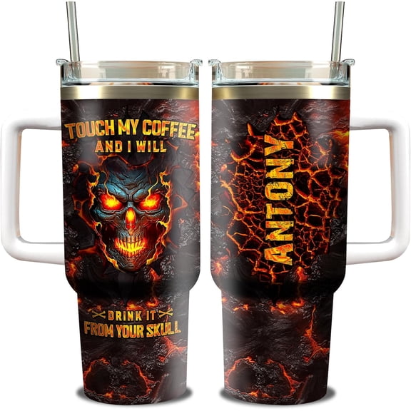 Personalized Skull 40oz Tumbler with Handle Lid and Straw Custom Name Hologram Flower Tumblers Travel Mug Stainless Steel Insulated Cup Gift for Men Friends Skull Lover Christmas Birthday