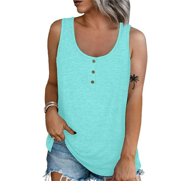 POTETI Womens Tshirt Light Blue Solid Button Crew Neck Blouse Casual Loose Sleeveless Tank