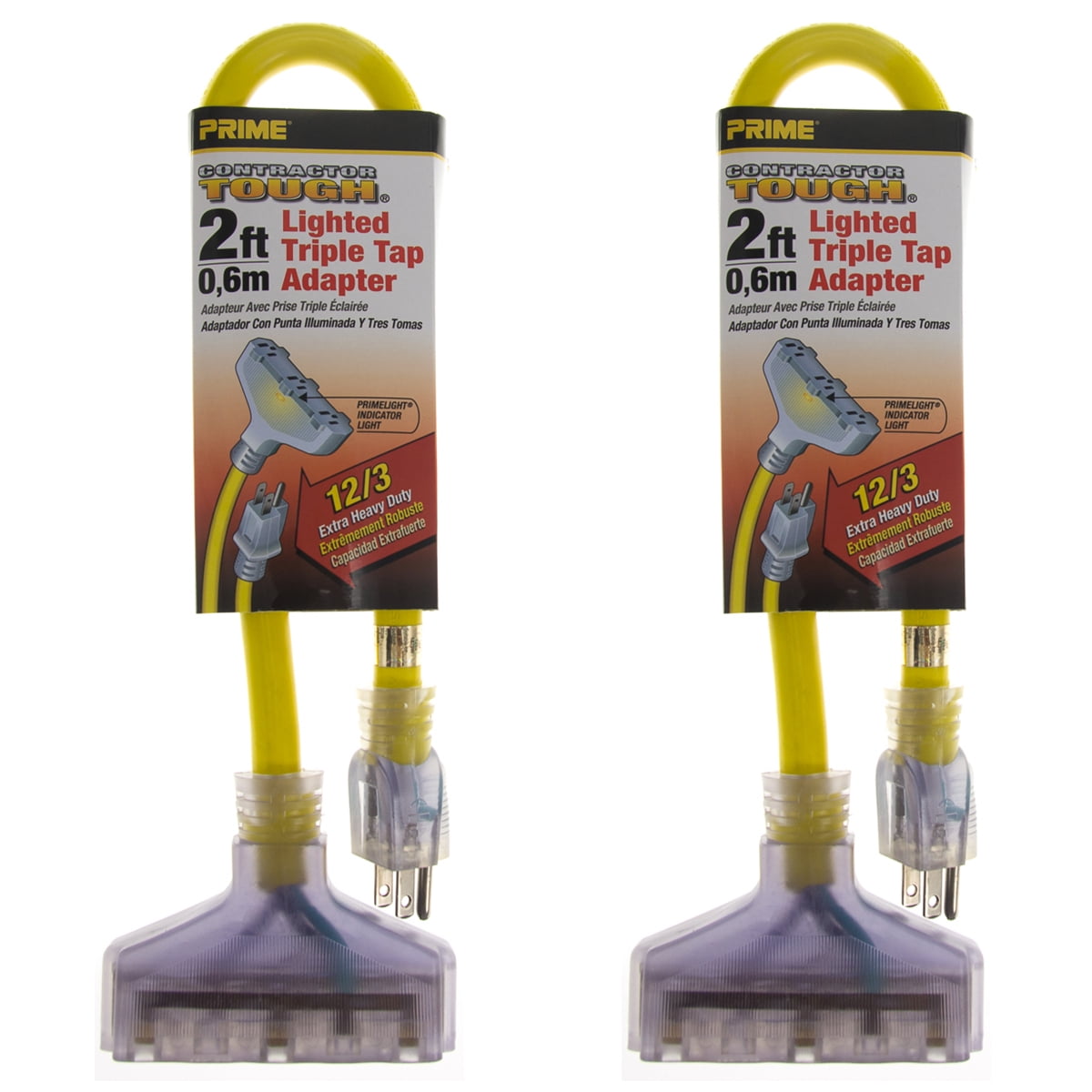 2 Pack Prime Lighted 2ft Triple Tap Adapter Extension Cord 3Prong