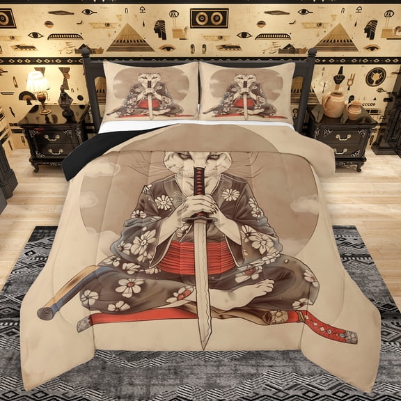 Manfei Japanese Ukiyoe Bedding Comforter Set,Cat Kitten Samurai Twin Comforter Sets,Cherry Blossom Bedding Set For Girls Boys,Microfiber Bedroom Decor Reversible,2 Pieces