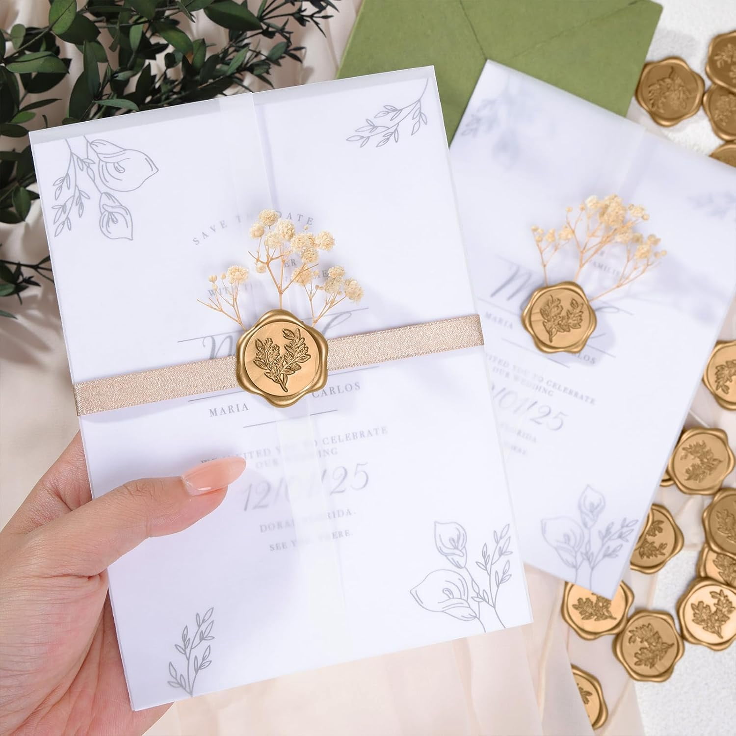 50 Sets Pre-Folded Vellum Jackets for 5x7 Invitation & Gold Eucalyptus Wax Seal Stickers, Wedding Invitations Wraps Bulk for Wedding Bridal Baby Shower Envelopes