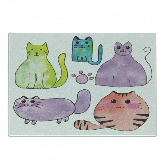 Kitten Cutting Board, Hand Drawn Colorful Cartoon Style Print Domestic Cats Pets Paws in Watercolors, Decorative Tempered Glass Cutting and Serving Board, Small Size, Multicolor, by Ambesonne