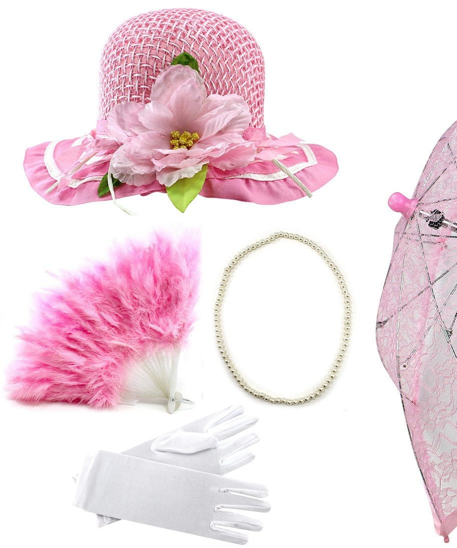 Girls Tea Party Dress Up Set Hats Gloves Feather Fans Umbrella & Pearl Necklace 