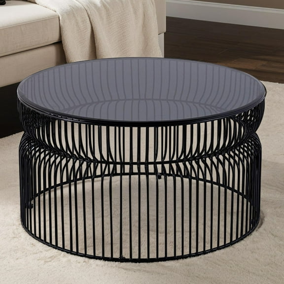 Newboti Furniture CT901 Modern Contemporary Metal Nested base and Tinted tempered glass top material 30" Coffee Table, Round Table for Living room, Black 34711