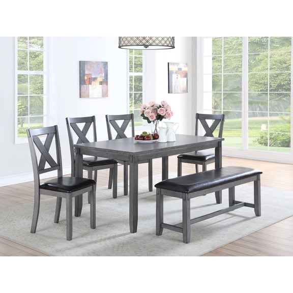 Contemporary Dining Table w 4x Side Chairs 1x Bench Cushion Seat Gray Finish X-Design Chair Dining Room 6pc Set Rubber wood