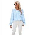 thumbnail image 3 of Blusa de Larga Abullonada para Mujer, Elegante, Informal, con Cuello Redondo, de , Holgada y Plisada. Azul XXL, 3 of 9