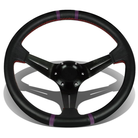 DNA Motoring SW-T410-PP 350mm Deep Dish Style 6-Bolt 3-Spoke Red Stitched Black PVC Leather with Purple Stripe Racing Steering Wheel