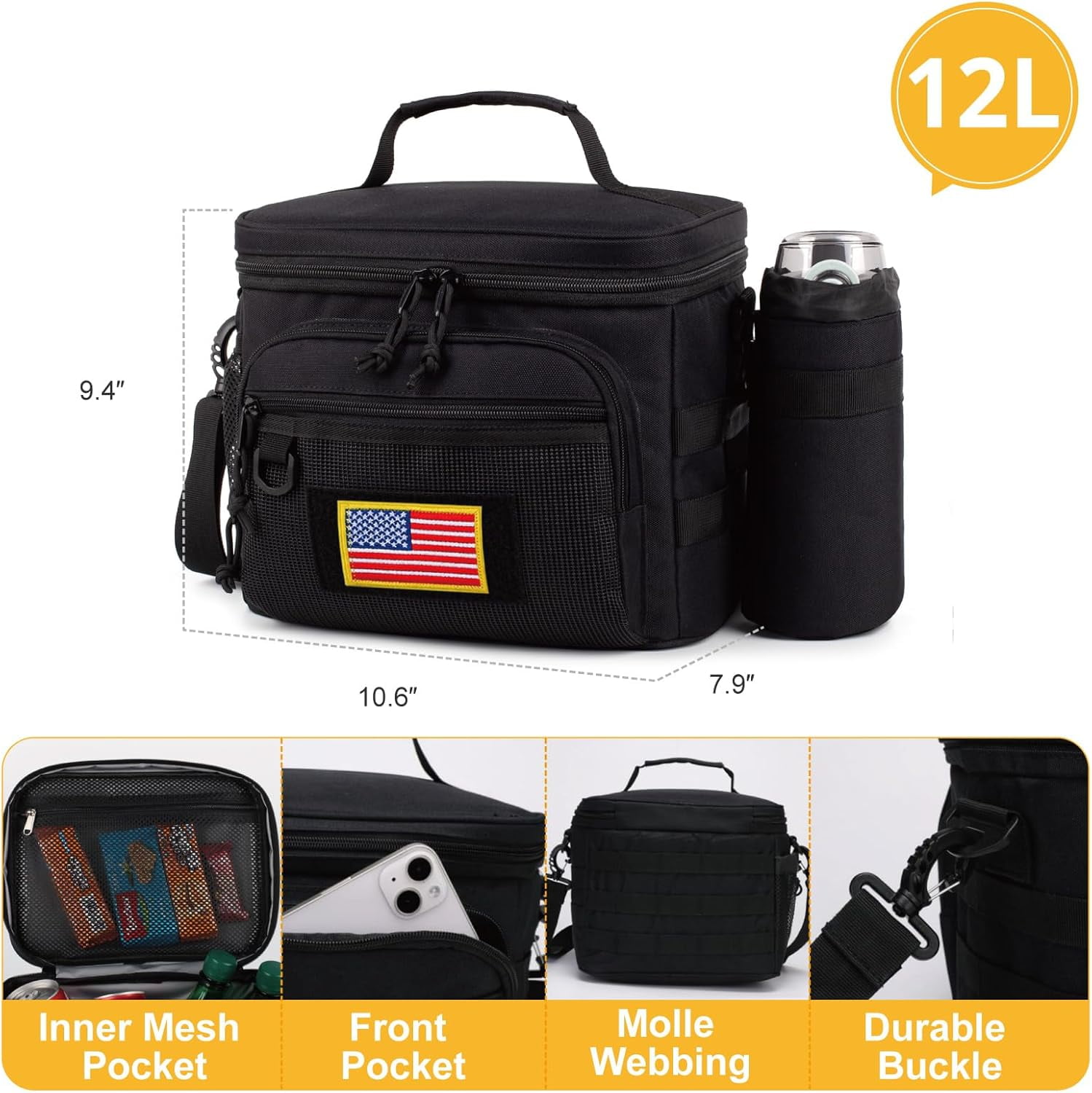 Reusable Lunch Bag for Men/Women - Insulated Lunch Box Leakproof Lunch Pail Freezable with Adjustable Shoulder Strap,Lunch Cooler Bag Picnic Bagremovable water bottle bag，Black