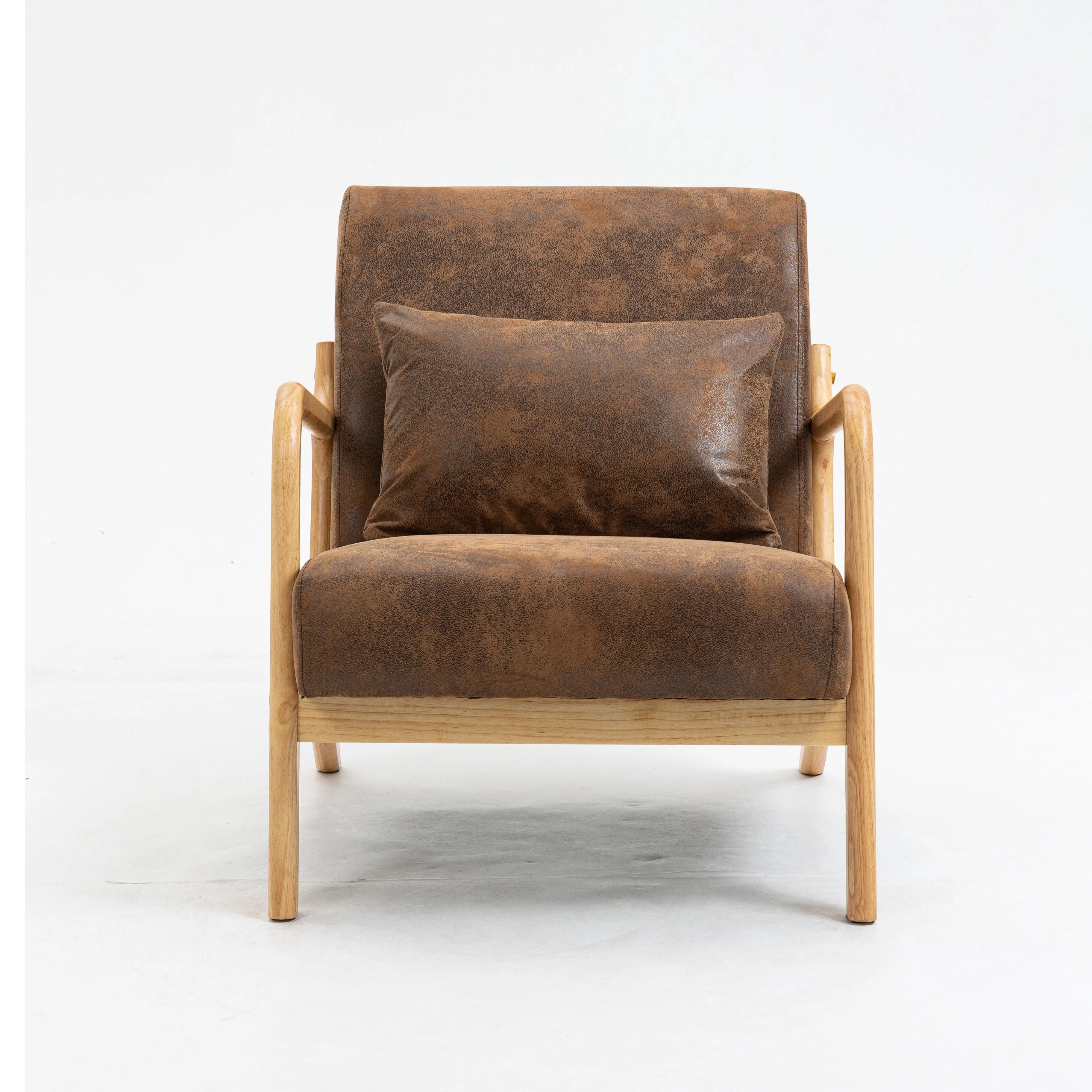 Euroco Mid-Century Modern Accent Chair, Upholstered Armchair with A Pillow and Wood Legs,Comfy Reading Chair for Living Room Bedroom Office,Antique Brown