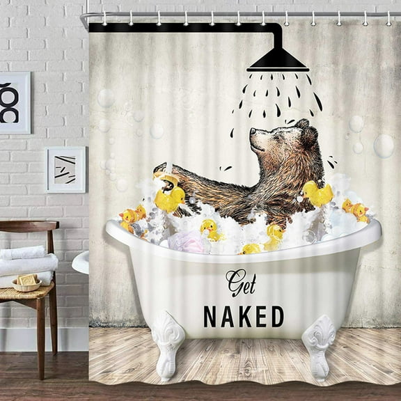 Funny Brown Bear Get Naked Shower Curtain, Fun Cute Wild Animal in Bathtub Shower Curtain Sets for Kids, RV Rustic Farmhouse Woodland Barn Cabin Shower Curtain for Bathroom Polyester Fabric 70X70in