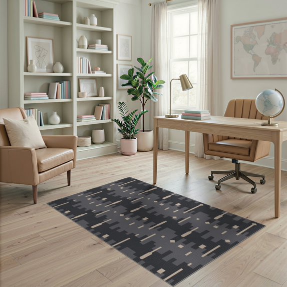 ODIKA 4'x6' Cream Shale Geometric Checkered Design Washable Area Rug Modern Abstract Pattern with Accents Stain Resistant, Low Pile, Easy Care for Dorm Room, Small Living