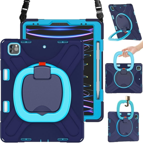 HCTian for iPad Air 13 Inch Case M3 2025/ M2 2024, iPad Pro 12.9 (6th/5th/4th/3rd Gen), Heavy Duty Shockproof Cover w/Pencil Holder, Rotating Handle Grip, Stable Kickstand, Shoulder Strap