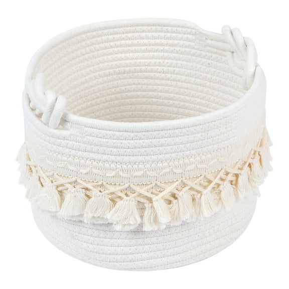 REGALWOVEN 1 Pack Woven Storage Basket, Shelf Closet Storage Bin with Tassel for Key Tray Bowl for Entryway Desk, Catchall Home Decor White 9.4*6.7in