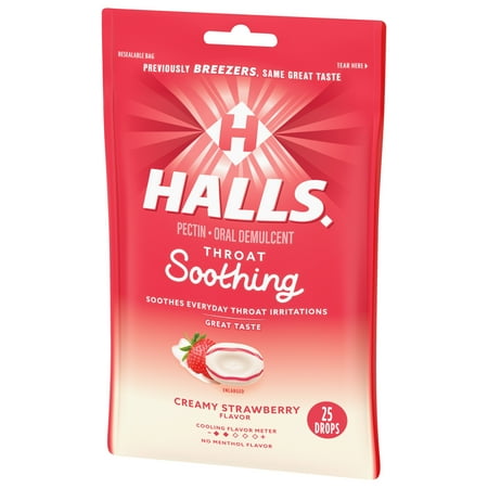 HALLS Throat Soothing (Formerly HALLS Breezers) Creamy Strawberry Throat Drops, 25 Drops