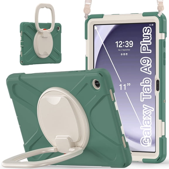 Case for Samsung Galaxy Tab A9 11.0 inch, 360 Degree Rotating Hand Grip Shockproof Cover with Shoulder Strap, Emerald Green