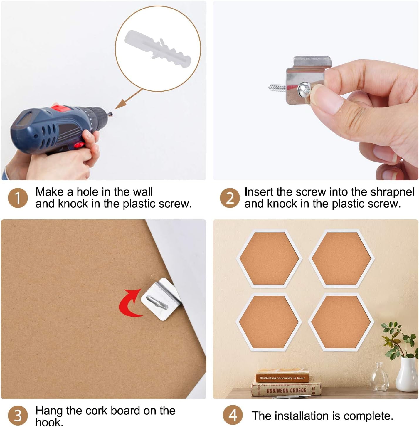 Cork Bulletin Board Hexagon 4 Pack, Small Framed Corkboard Tiles for Wall, Thick Decorative Display Boards for Home Office Decor, School Message Board with 16 Push Pin Wood Clips