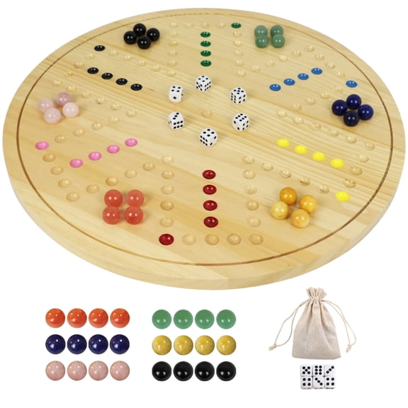 20 in Large Original Marble Game 30 Natural Marbles Wahoo Board Game Double Sided Painted Wooden Fast Track Board Game for 6 and 4Players 6Colors 30 Marbles 6 Dice for Family Friends and Party