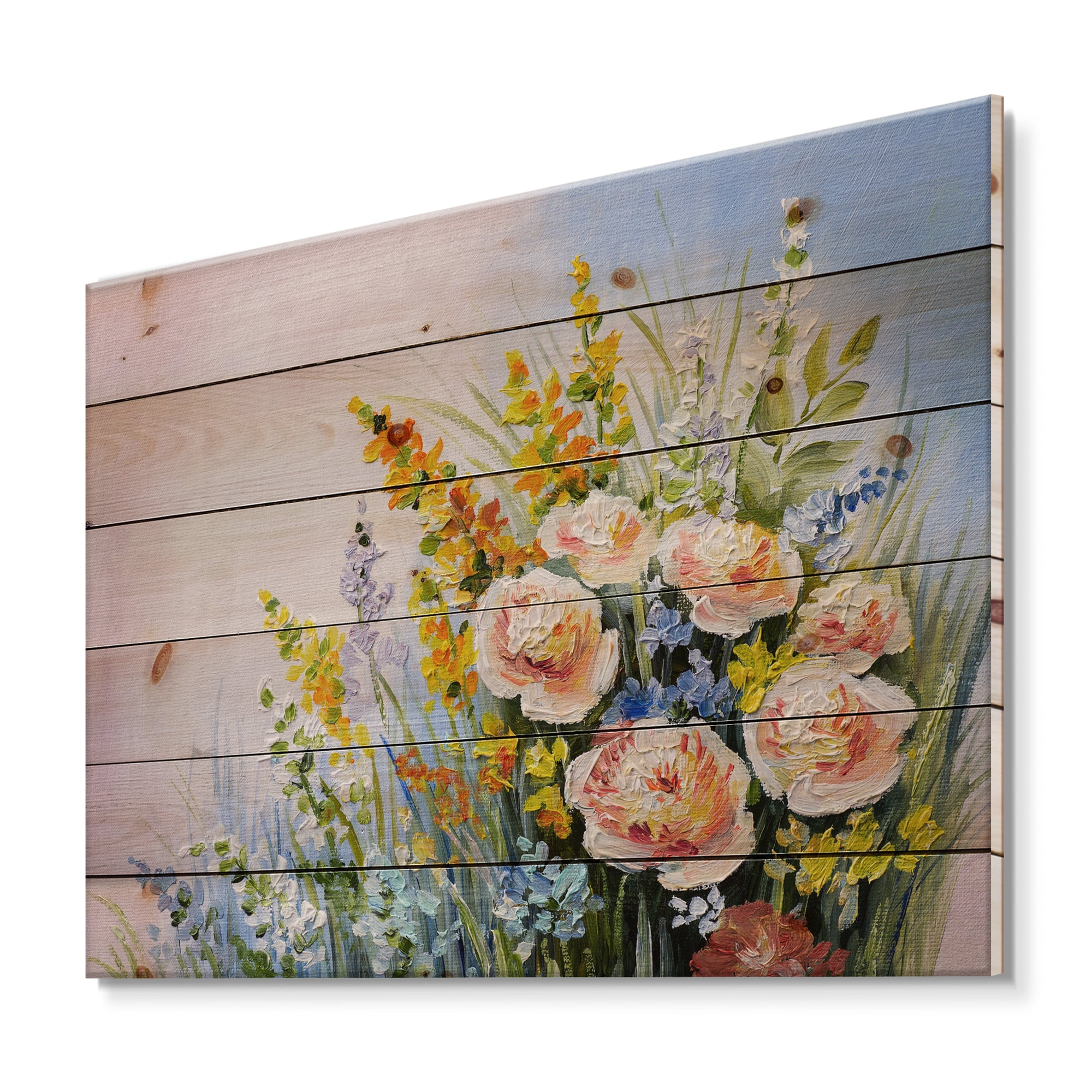Designart 'Yellow and Pink Summer Wildflowers' Traditional Print on Natural Pine Wood