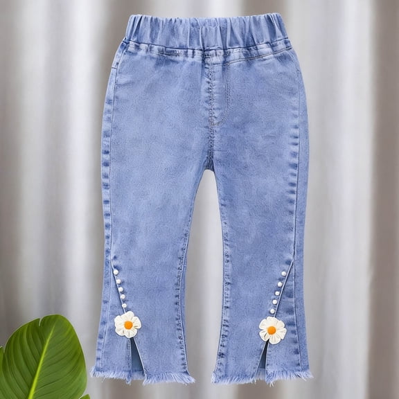 Toddler Girls Denim Leggings Soft Stretchy Pull-on Jeans Daisy Flower Embroidered Slit Hem Pants for Play School Outfits, 1T-6Y