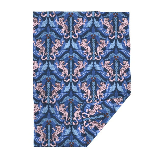 Throw Blanket Tiger Damask Pink Blue Jungle Tropical 48 x 70in