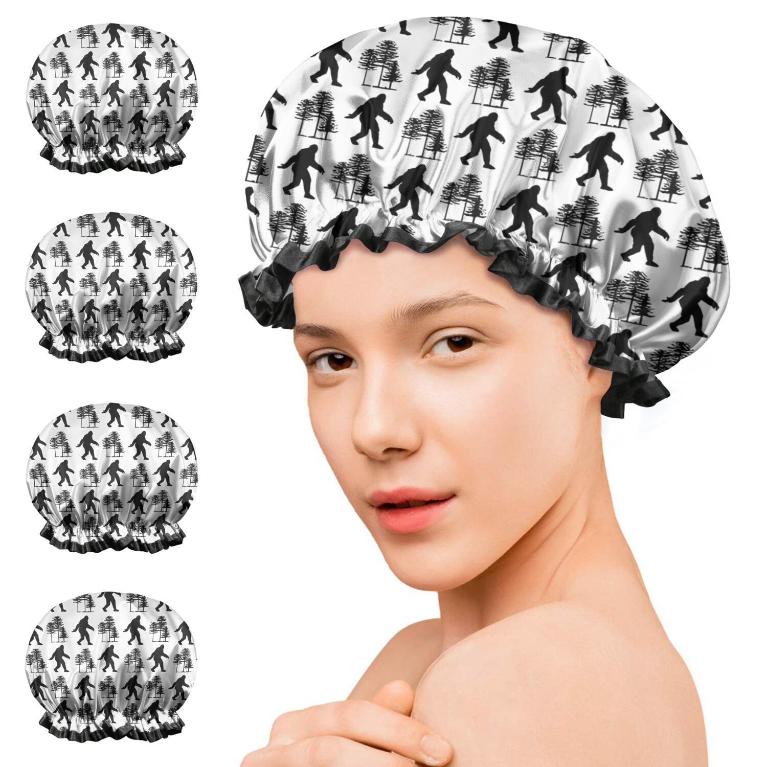 Shower Caps,White Bigfoot and Tree Pattern Waterproof Shower Cap for Women 4 Pieces,Double Reusable Hair Cover for Shower PEVA Elastic Stretch Hem