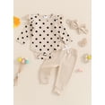 thumbnail image 4 of Baby Toddler Girls Fall Outfit, 0 3 6 9 12 18 Months Long Sleeve Dots Print Romper with Pants and Bowknot Headband Clothing Set, 4 of 9