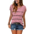 thumbnail image 2 of QLEICOM Women Stripe Tassels Short Sleeve Crewneck T-shirt Blouses Shirts Tops Pink 3XL, US Size 14, 2 of 7